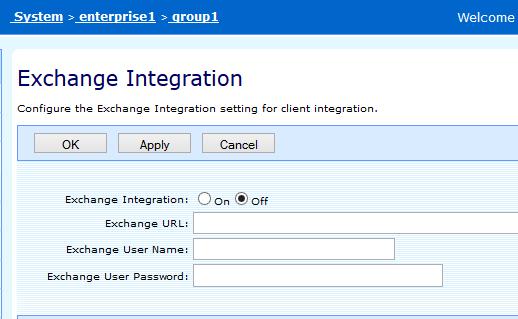Group > Services > Exchange Integration 1. On the Group Services menu page Click Exchange Integration 2. Select On 3.