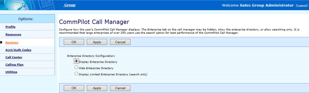 The ENTERPRISE tab in the CommPilot Call Manager displays the contents of the enterprise directory, lists the contents of department and web directories, and can be used to search for individual