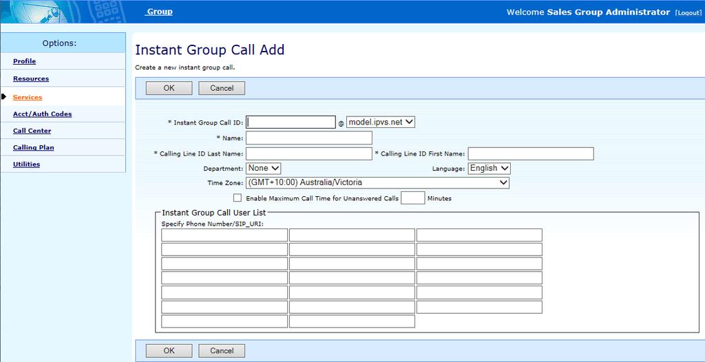 Instant group call instances are groups of users that you can call on-demand. The active group name, phone number, extension, and department appear for each instant group call.