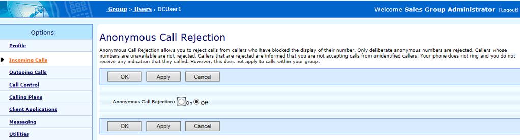 A user can also activate or deactive the Anonymous Call Rejection feature via Feature Access Codes. To activate Anonymous Call Rejection press *77. To de-activate Anonymous Call Rejection press *87.
