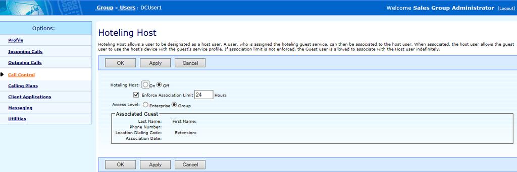 9.16 CONFIGURE HOTELING HOST Use the User Hoteling Host page to configure a user account and its associated device as a host for temporary guest users. Group > User > Call Contol > Hoteling Host 1.