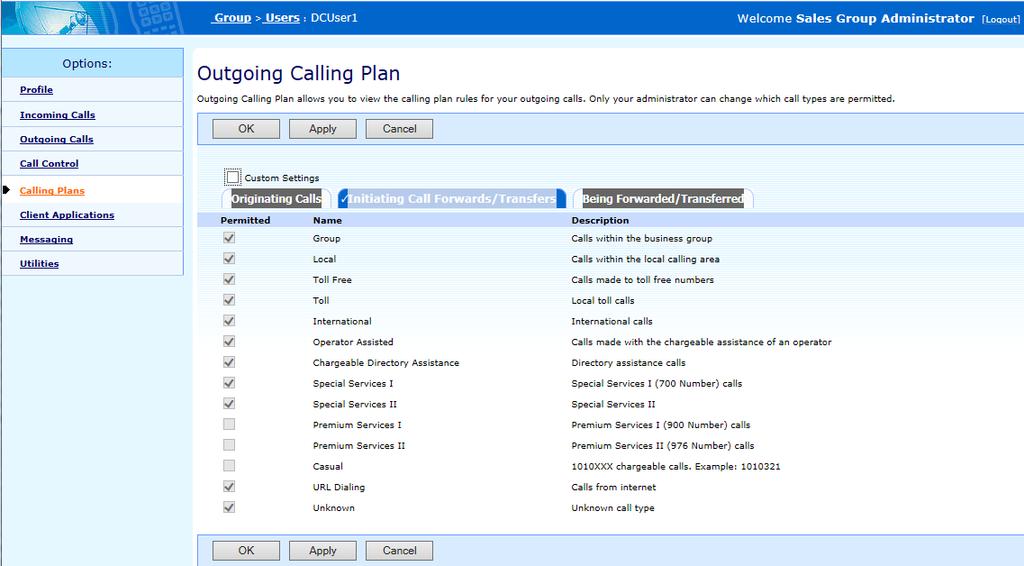 Group > User > Calling Plans > Outgoing Calling Plan 8.