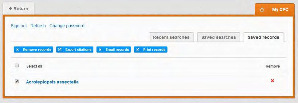 To view your saved records click on the saved records tab. This will display the title of all saved records. To view a specific record, click on the title.