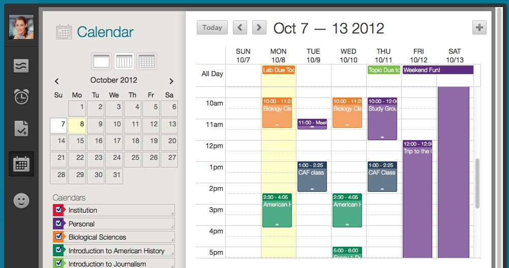 6 Calendar events may be viewed at once or filtered to show only the desired mix of class and personal events.