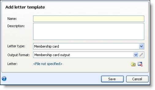 Browse to the membership card format you previously created, select the file, and click Open. You return to the Add letter template screen and a link to the document is displayed.