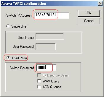 4. In the Avaya TAPI2 configuration window that appears, set Switch IP Address to the IP address of the IP Office, e.g., 192.45.70.