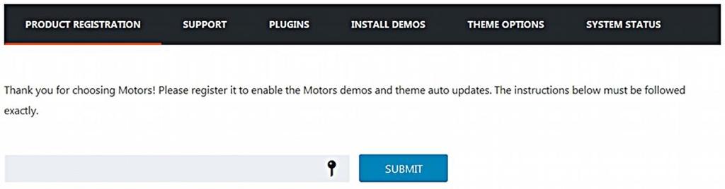 Motors Theme User Manual Getting Started Paste the generated token here. 6. Paste the token in the provided box and click on the Submit button.