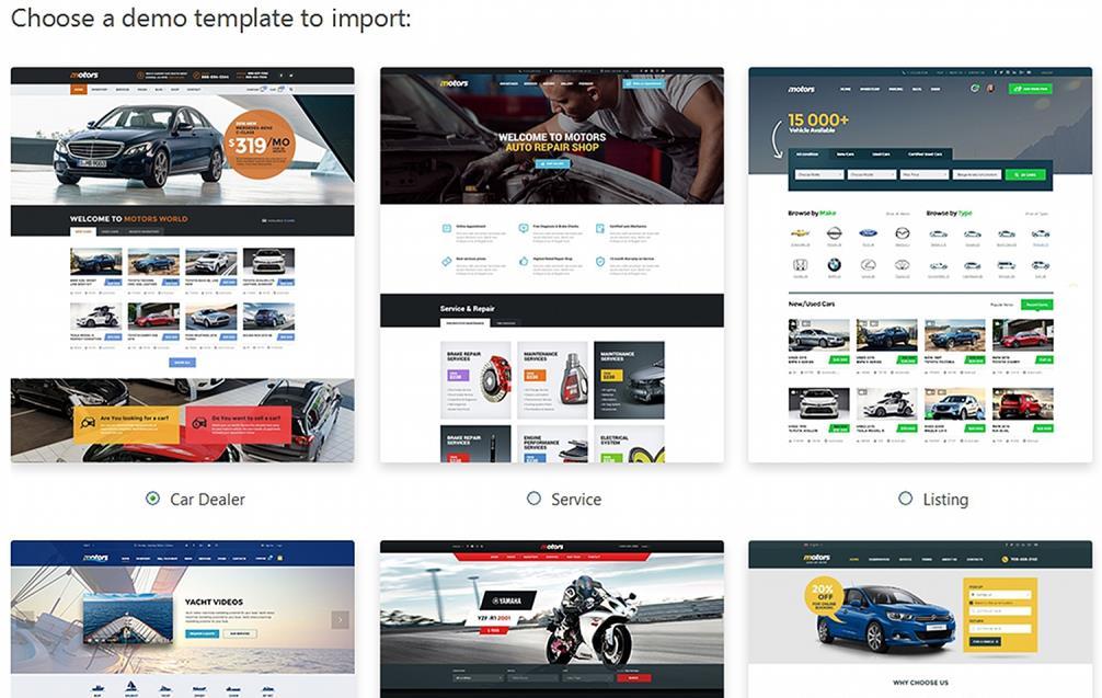 Motors Theme User Manual Getting Started There are six types of demo content, corresponding to six types of businesses: Car Dealer Service Listing Boats Motorcycle Rental Service Choose the type of