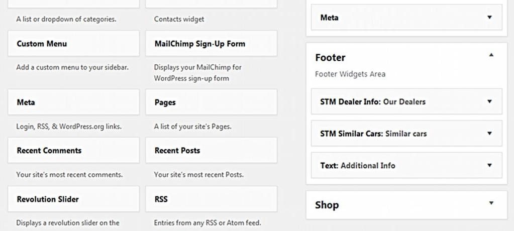 Motors Theme User Manual Setting Up your Website Note: To display additional information in the footer, go to Appearance > Widgets and drag widgets into the Footer area.