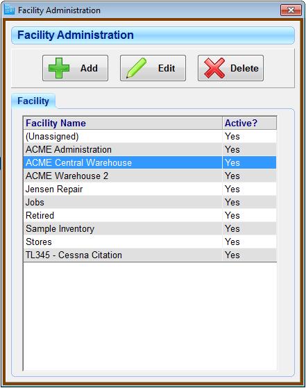 To begin the process, select Facility Administration from the Support menu. To Add a new facility, select the Add button.