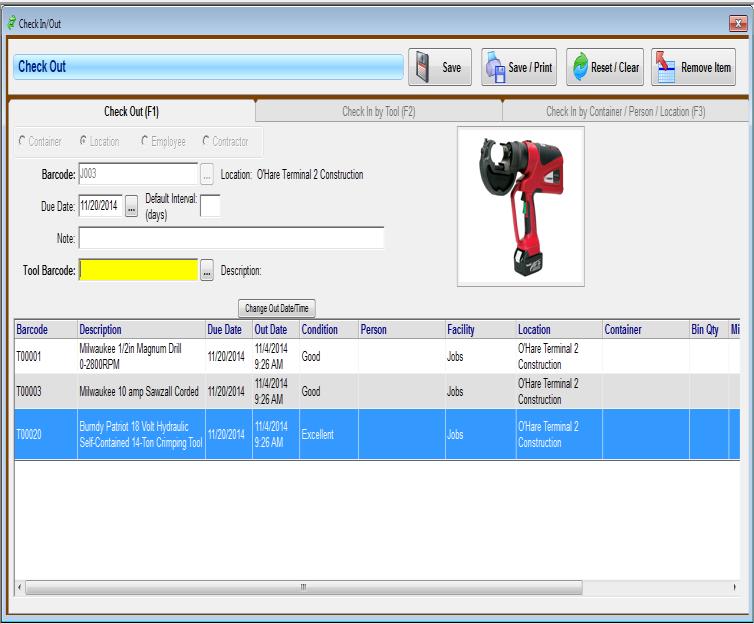 CHECK IN/CHECK OUT TOOLS SCREEN The Check Out process is used to check tools out to an employee or location. The Check In process is used to check tools into storage from an employee or location.