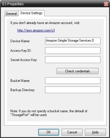 Using Online Storage Configuring S3 Storage Device Select "Amazon Simple Storage Service " from the "Add Device" option drop down. This will display the S3 properties dialog.