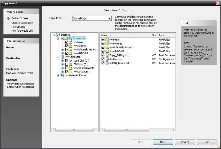 Novastor NovaBACKUP "Copy Type" Button Select the copy type you with to perform: "Copy" Copy files and directories from the source(s) on the left to the destination or the right.