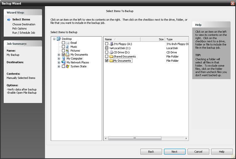 Getting To Know The User Interface Select Items To Manually Backup This screen will allow you to select the files and or/folders that you would like included in the current backup set.