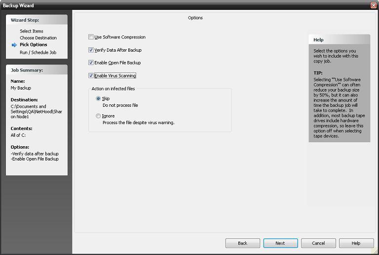 Getting To Know The User Interface Select Backup Options This screen allows you select options for your backup job.