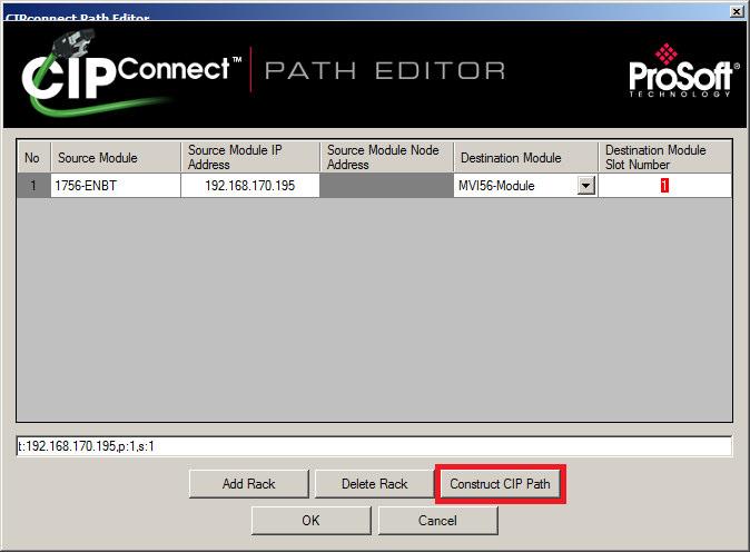 In the CIPconnect TM Path Editor, enter the correct parameters to address the MVI56-PDPMV1 module in the ControlLogix rack.