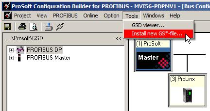 B. APPENDIX B.1. Appendix A Importing GSD files In the ProSoft Configuration Builder for PROFIBUS tool, select the following menu: Tools>Install new GS*-file.