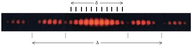 Measure. You should see an interference pattern that looks something similar to Fig 4. You can adjust the slide very gently to get a clear pattern on the screen. Fig. 4. Photograph of a double slit interference pattern on a screen using a red laser 2.