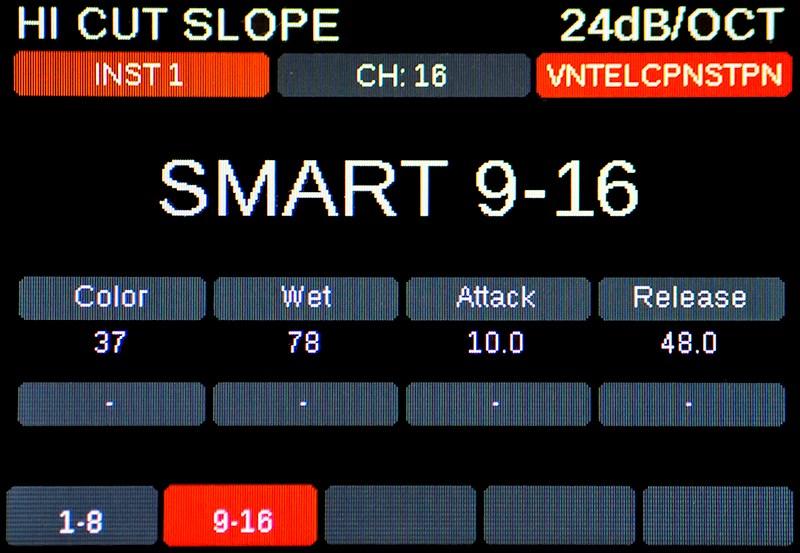 Press the button labeled [9-16] to change the encoder assignments to the next group of 8 Smart Control parameters. The 3rd display button is labeled [View].