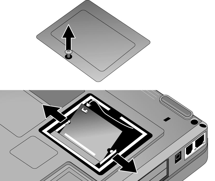 Figure 2-13. Removing the Mini-PCI Card Reassembly Notes Reattach the cable(s) to the card, and tuck them into the compartment.