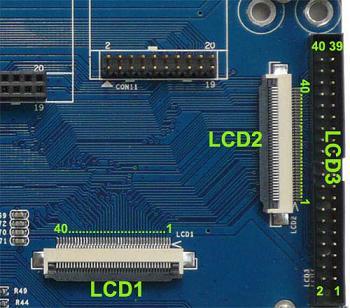 4.11 LCD interface The board have 3 LCD interface, it have the same signal, LCD1 and LCD2 is the 40pin 0.5mm pitch interface, LCD3 is the 40pin 2.0mm interface.