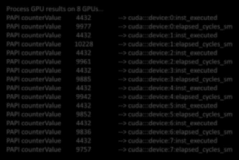 PAPI CUDA Component papi/5.4.1-cuda module on Raijin supporting CUDA counters Sample output: Process GPU results on 8 GPUs.