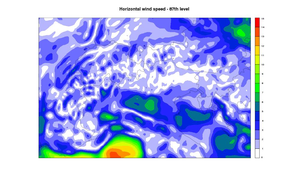 Figure 8: Initial state of horizontal wind speed (left) and temperature (right) near surface (87th model level) for 3D experiment.