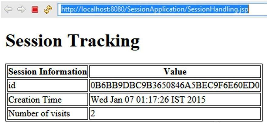 <h1>session Tracking</h1> <table border="1"> <tr> <th>session Information</th> <th>value</th> </tr> <tr> <td>id</td> <td><% out.print(session.
