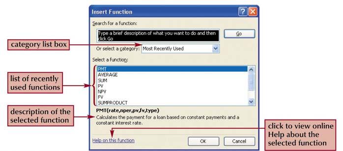 Open the Insert Function dialog box To get help from Excel to insert a function, first click the cell in which you wish to insert the function. Click the Insert Function button.