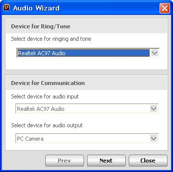 Audio Wizard Device for Ring/Tone defines the devices for ring and tones. PC Speaker Beep tone will sound for incoming calls if this option is enabled.