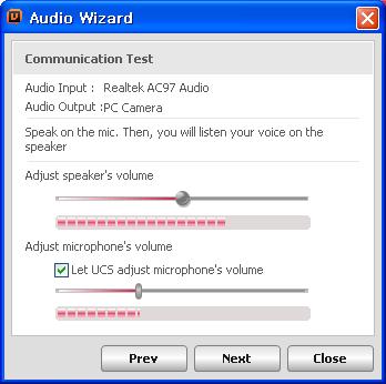 On the Communication Test page of the wizard, you can check the volume level of the speaker and microphone.