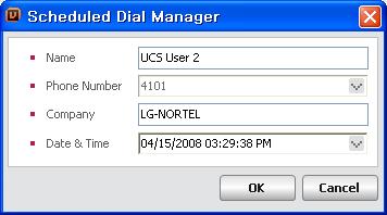 To add or edit a Scheduled Dial: 1. Click the Add or Edit icon on the Scheduled Dial window; the Scheduled Dial Manager popup appears. 2. Enter the Name and Company. 3.