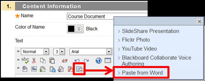 Paste from Word: When copying text from Microsoft Word to paste into Blackboard, use this option to preserve formatting without including the Microsoft-specific markup.