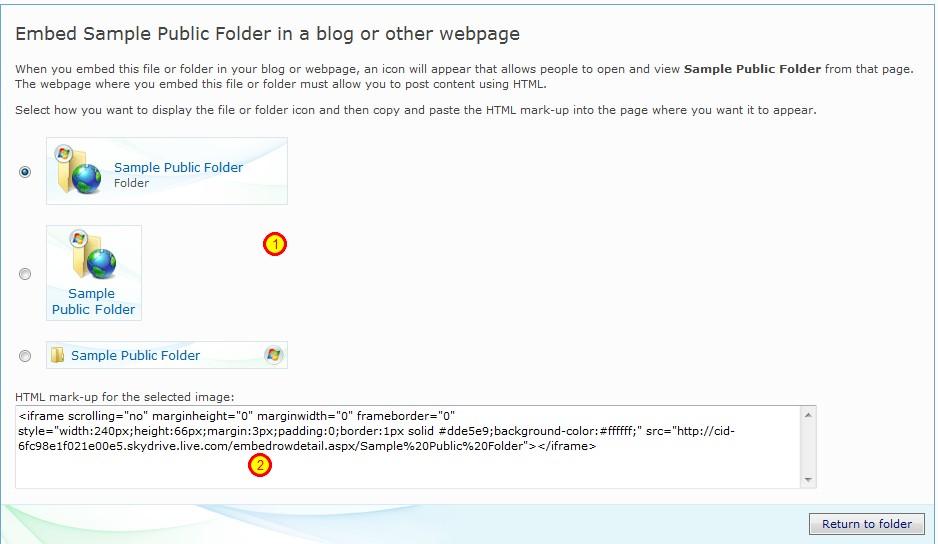 Embedding a Folder If you are using Blogger, another tool that accepts html, or are writing your own web page, you can use the "embed" feature to put a link on the