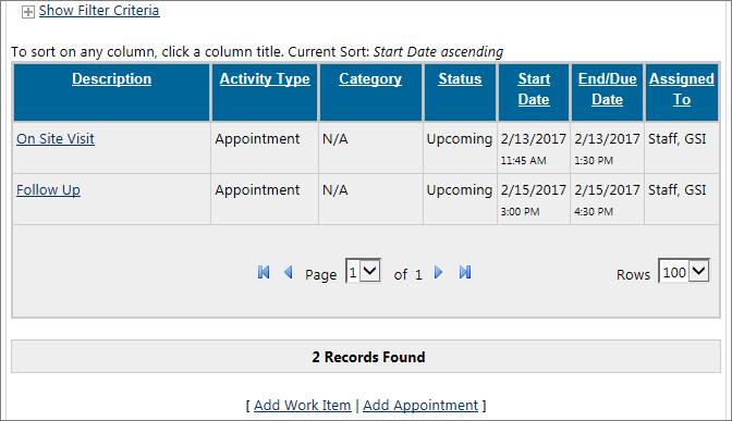 Activities Section By default, Virtual OneStop displays those activities currently assigned to the staff person who s logged in.