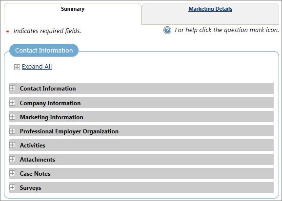 Marketing Lead Profile by Section Staff simply clicks Expand All to open all sections, or clicks each desired section to open. When complete, staff may click Collapse All to close all open sections.