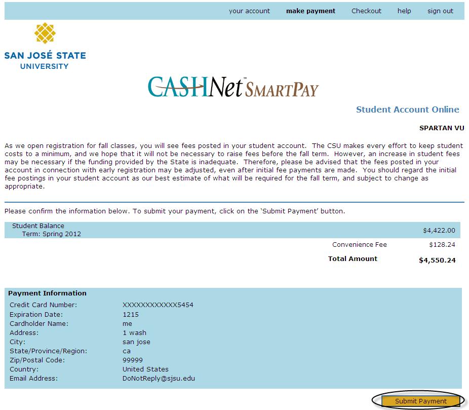 The Credit Card Billing Information page displays. 27. Click the Submit Payment button.