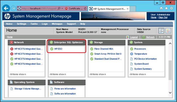 4. In the SMH Homepage (see Figure 13 (page 22)), click the HP ESO link in the Enterprise SQL Optimizer box. Figure 13 SMH Homepage 5.