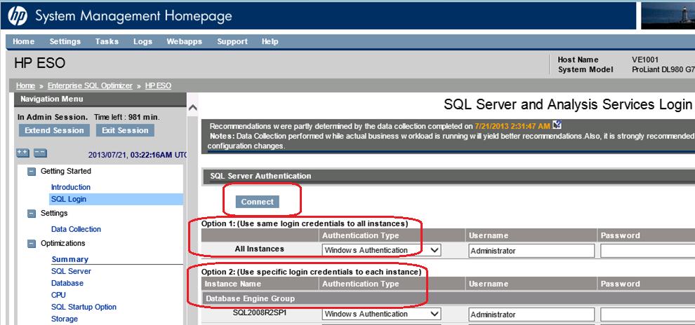 Figure 17 SQL Login credential specification options and the Connect button For more information about setting credentials and logging into instances, see Setting credentials and logging in to SQL