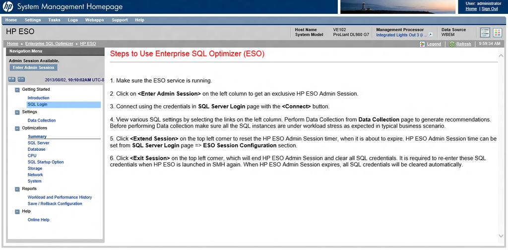Figure 22 Steps to enter an Admin Session SQL Login page: Setting credentials and logging in to SQL Server and Analysis Services instances Upon starting an Admin Session, the SQL Login page appears,