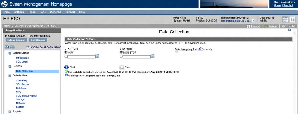 Figure 27 Data Collection page User input fields in the Data Collection Settings section include the following: START ON Lets you select the date and time that data collection starts.