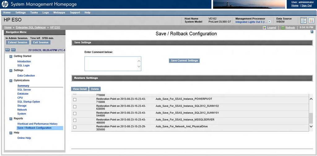 Figure 60 Save/Rollback Configuration page NOTE: Whenever you enter an Admin session, HP ESO automatically saves all network and physical driver settings.