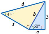 Since one of the acute angles is 60, the other must be 30. Thus the blue triangle represents half of an equilateral triangle with the side b and the height of 3 units.