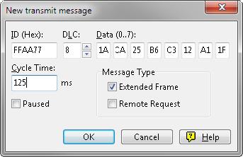 Figure 6: Dialog box New transmit message 2. Enter the ID and the data for the new CAN message. 3. The field Cycle Time indicates if the message shall be transmitted manually or periodically.