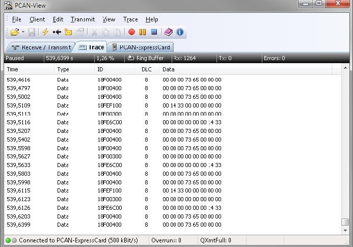 5.1.2 Trace Tab Figure 7: Trace tab On the Trace tab the data tracer of PCAN-View is used for logging the communication on a CAN bus.