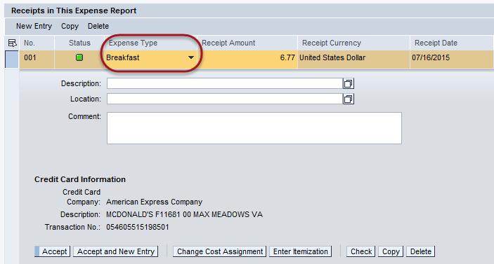 9. Select each receipt for your expense report by clicking the box to the left on the