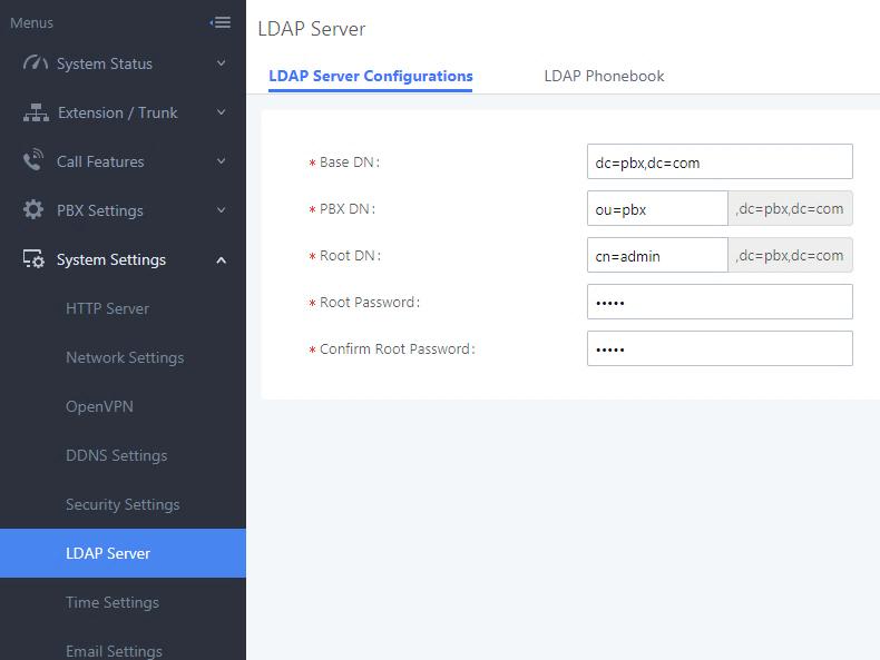 LDAP SERVER CONFIGURATION The LDAP server configuration settings are available under Web GUI System Settings LDAP Server LDAP Server Configurations.
