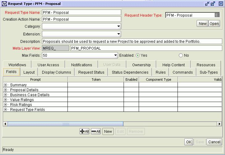 Chapter 2: Configuring PPM Center 5. Double-click the PFM Proposal entry, or select it and then click Open. 6. Go to the Fields tab and click New.