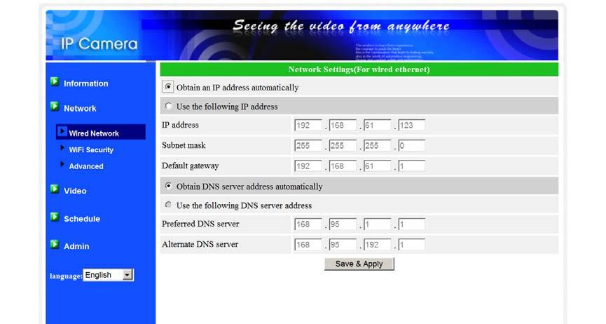 3.3. Network The Network page allows you to modify the network settings of the wired Ethernet. The default settings use DHCP to obtain an IP address automatically.