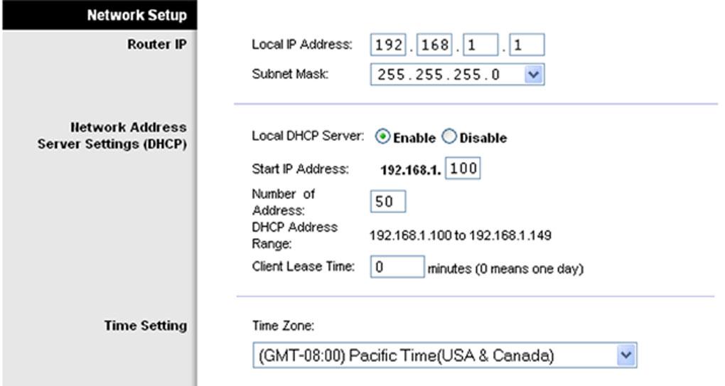 Network Setup Router IP The values for the Router s Local IP Address and Subnet Mask are shown here. In most cases, keeping the default values will work. Local IP Address. The default value is 192.